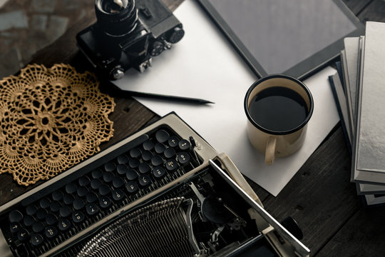 Workplace Of A Journalist, Writer Or Blogger. Creative Studio Author Concept. Digital Tablet, Film Camera And Typewriter