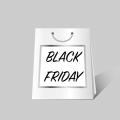 black friday text on  white shopping bag. Big holiday sale icon. Vector illustration