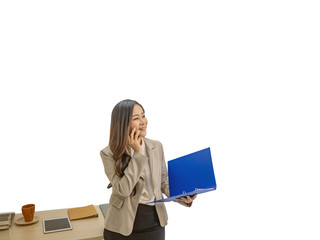 Modern business women take Document file while look happy and talking on mobile phone on white background