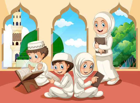 Group Of Muslim Children At Mosque