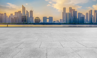 Square floor tiles and Hangzhou skyline