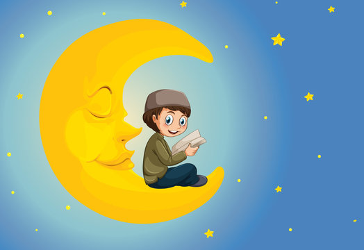 A muslim boy reading on the moon