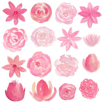 Set of hand painted watercolor flowers in pink color. Isolated clipart for wedding, invitations, blogs, template card.