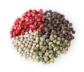 Mixed of diffrent kind peppercorns isolated on white background