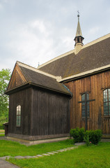 The historic St Bartholomew's Parish Church in Nowa Huta, Krakow. This wooden gothic church has a...
