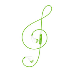 Earphones wireless and remote, In Ear type green color and Treble Clef shape made from cable isolated on white background, with copy space