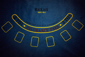 Black Jack gambling table. Blue background.