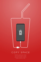 Smartphone black color flat design, beverage glass shape made from usb charger cable illustration isolated on red gradient background, with copy space