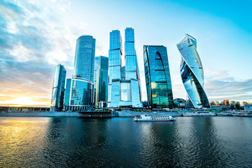 Moscow international Business Center, view of skyscrapers at sunset