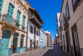 Street view from the old city center, San Cristobal de La Laguna, Tenerife, Canary Islands, Spain -...