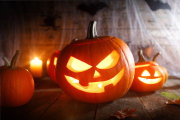 Fototapeta premium Halloween pumpkins and spiders