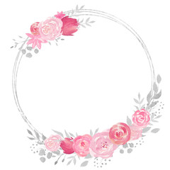 Watercolor floral frame with rose, leaves, flowers and branches.