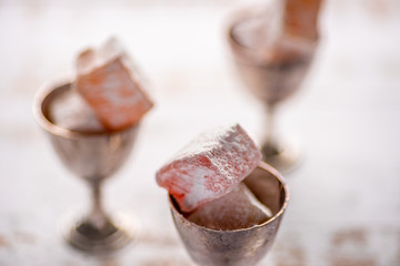 Turkish Delight arranged in vintage silver egg cups