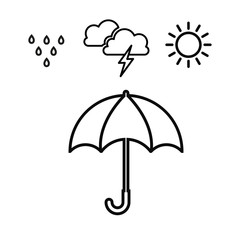 Storm cloud with lightning and rain with sun. Rainy season line icon isolated vector