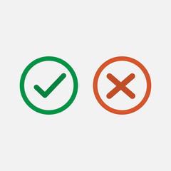 Check mark icon. Green tick and red cross flat line icons set vector