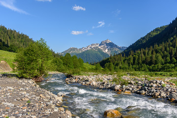 Fast mountain river among mountain meadows. Stream of a mountain river. Mountain plateau in Abkhazia