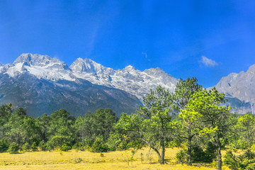 China's Lijiang Yulong Snow Mountain and the vast grassland at the foot of the mountain