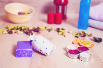 Lavender bag and soap surrounded by bathroom accessories