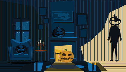 Halloween living room in nights vector illustration  