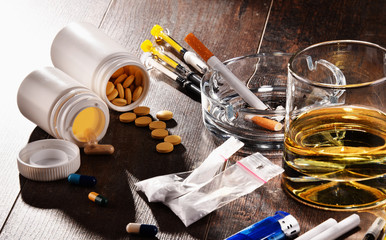 Obraz na płótnie Canvas Addictive substances, including alcohol, cigarettes and drugs