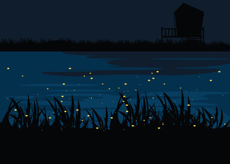 firefly in lake at nights backgrounds vector illustration 