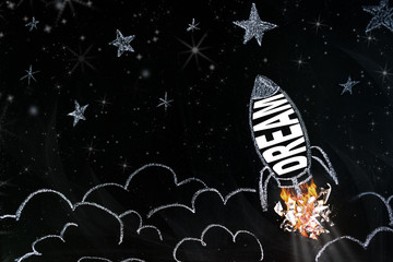 Dream big, high targets, startup concept. Cute inspirational typographic chalk drawn poster with starting rocket with word DREAM, clouds and stars on black chalkboard background
