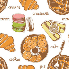 Bakery, sweet pastry vector seamless pattern, hand drawn vector background