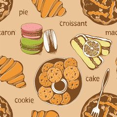 Bakery, sweet pastry vector seamless pattern, hand drawn vector background with text