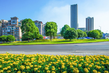 Modern urban landscape, high-rise buildings, lush parks, fast driving of various cars on asphalt roads, in sunny summer