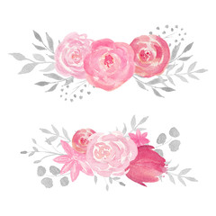 Set of watercolor floral composition with rose, leaves, flowers and branches.