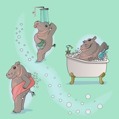 Naklejka premium Hippo cartoon, taking a shower, in the bathtub and drying off design