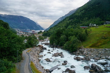 Fototapeta na wymiar beautiful norwegian landscape with fjord in Odda