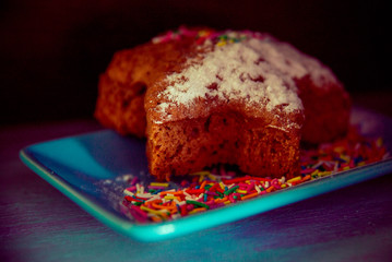 homemade cake with fruit pieces and chocolate