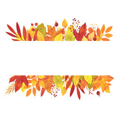 Watercolor banner of leaves and branches isolated on white background. Autumn illustration for greeting cards, wedding invitations, quote and decorations.