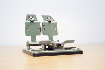 Flat lay photography of old film editing method. Vintage equipment. Concept of editing. Top view.