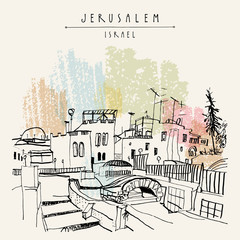 Obraz premium Jerusalem, Israel. Touristic poster. Freehand travel sketch