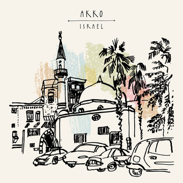 Artistic travel sketch of a mosque, palm trees and cars in Akko, Israel. Grungy black ink marker drawing. Touristic postcard template. Hand lettered title