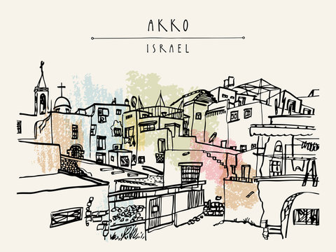Akko Israel hand drawn postcard