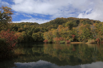 色づいた高原の湖
