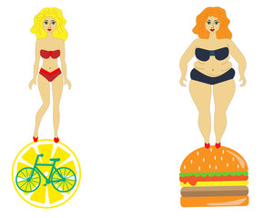 Girl before and after losing weight, a healthy lifestyle, proper nutrition. 
