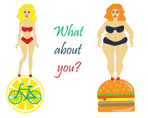 Girl before and after losing weight, a healthy lifestyle, proper nutrition. 