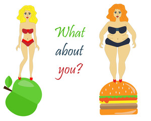Girl before and after losing weight, a healthy lifestyle, proper nutrition. 