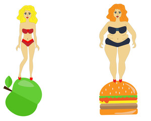 Girl before and after losing weight, a healthy lifestyle, proper nutrition. 