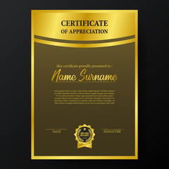 beauty certificate with golden brand award medal emblem template. portrait certificate.