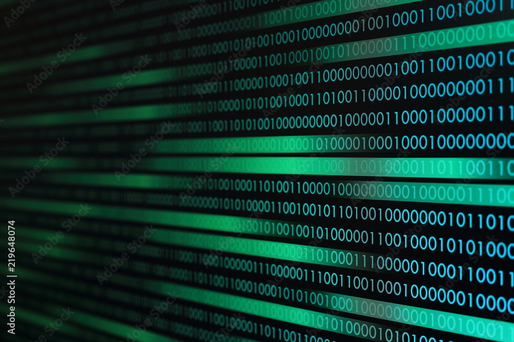 Poster flowing data transfer. data motion movement background. green blue digital binary code bit moving side way