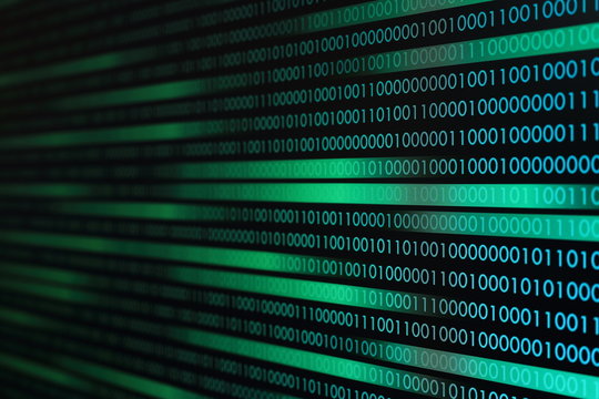 flowing data transfer. data motion movement background. green blue digital binary code bit moving side way