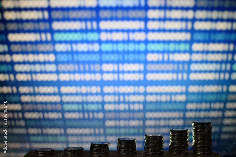 Poster secured internet business. big coin piles in front of blue binary code computer screen. rich through