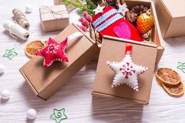 Handmade decor with cardboard box, Christmas concept