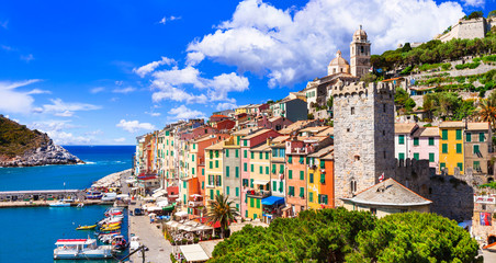 Beautiful coastal town Portovenere in Cinque terre national park. Liguria, Italy - obrazy, fototapety, plakaty
