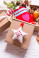 Handmade decor with cardboard box, Christmas concept